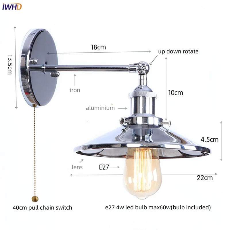 Afralia™ Loft LED Wall Lamp with Gold Pull Chain Switch for Vintage Industrial Style