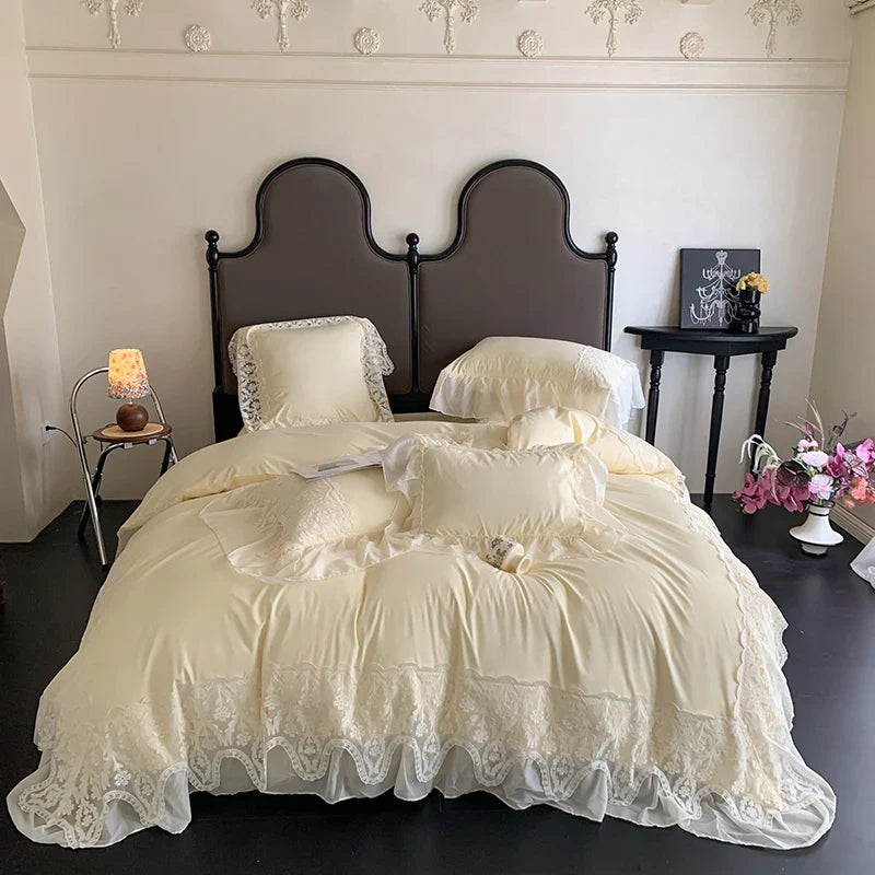 Afralia™ Romance Lace Ruffles Bedding Set 4Pcs, 200x230cm, Princess Wedding Theme