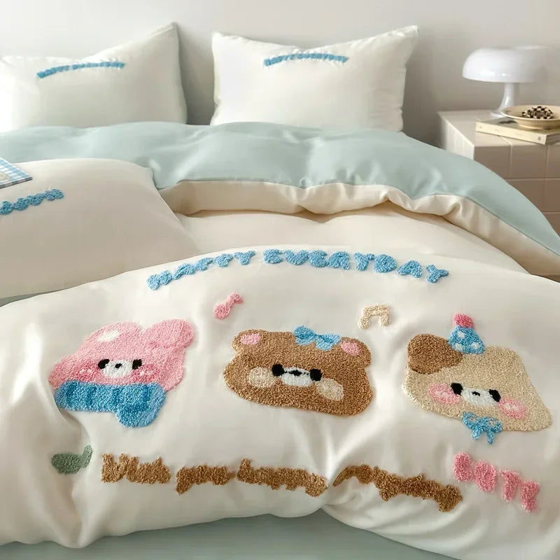 Afralia™ Cartoon Embroidered Cotton Bedding Set with Ice Silk Cooling Technology