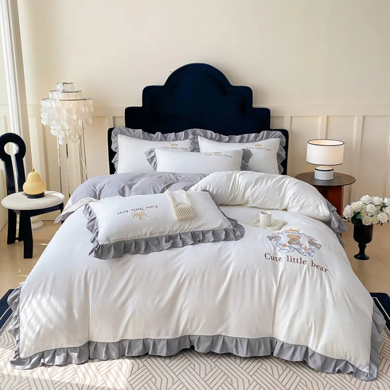 Afralia™ French Embroidered Cotton Bed Skirt Set with Ruffled Edges