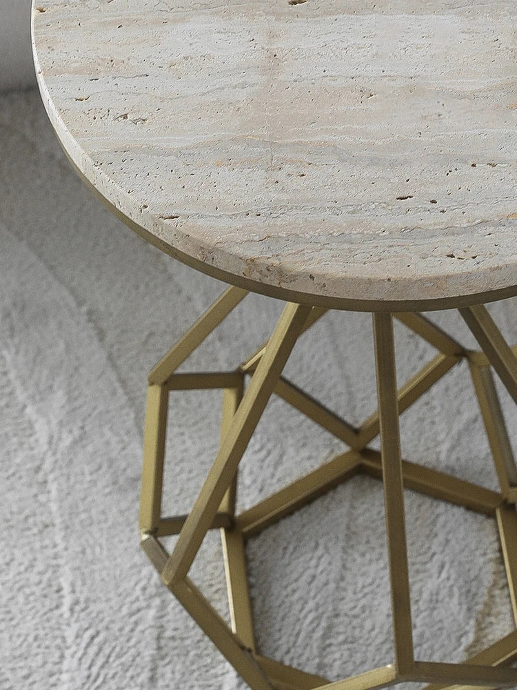 Afralia™ Travertine Side Table with Metal Base, Vintage End Table for Small Spaces