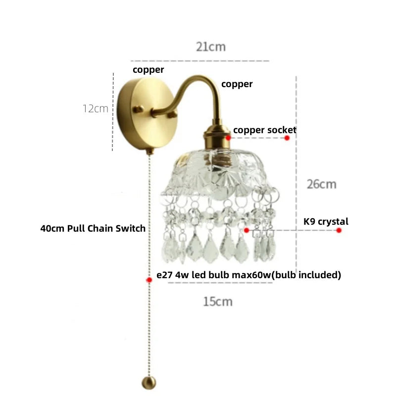 Afralia™ Crystal Vintage LED Wall Lights Pull Chain Switch Luxury Copper E14 Stair Light