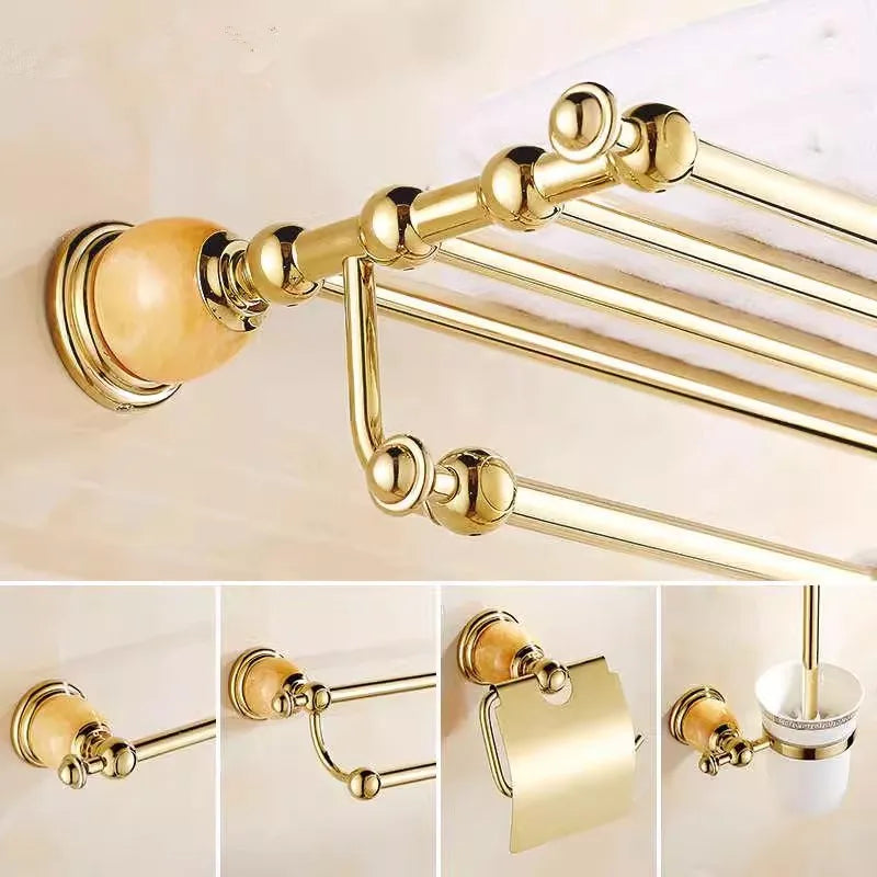 Afralia™ Brass Jade Bathroom Accessories Set: Towel Bar, Soap Holder, Towel Rack, Glass Shelf