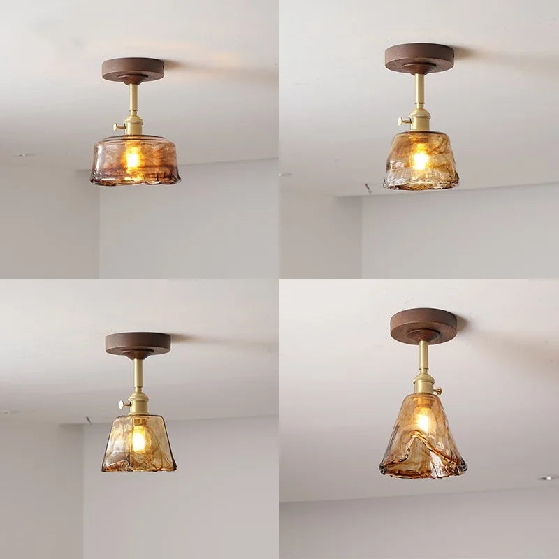 Afralia™ Amber Glass Copper LED Ceiling Light Fixture for Modern Home Decor