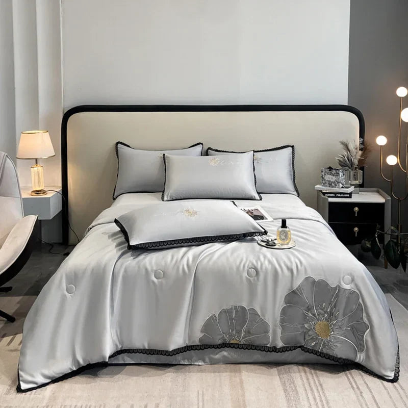 Afralia™ Luxe Flower Embroidered Cool Quilt Set - Lightweight, Silky, High-End Comfort