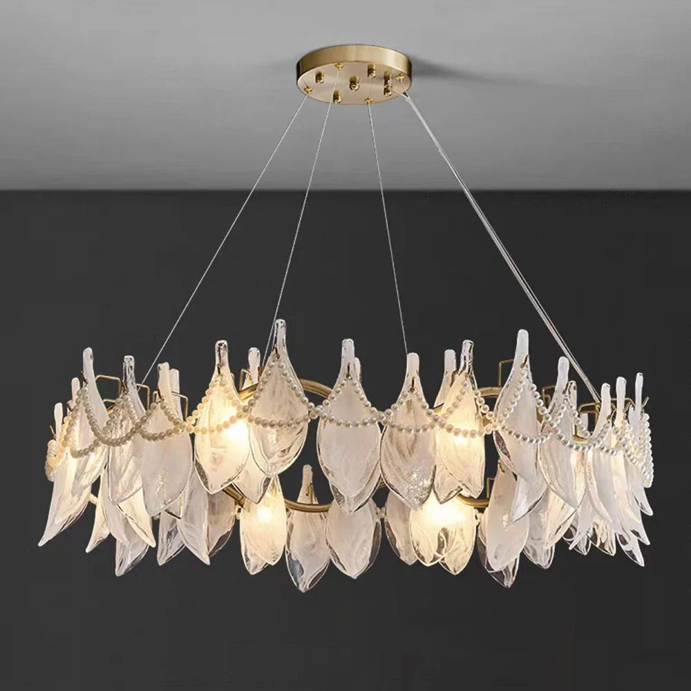 Afralia™ Modern Gold Pearl Glass Blade Chandelier, Living Room Decorative Ceiling Light Fixture