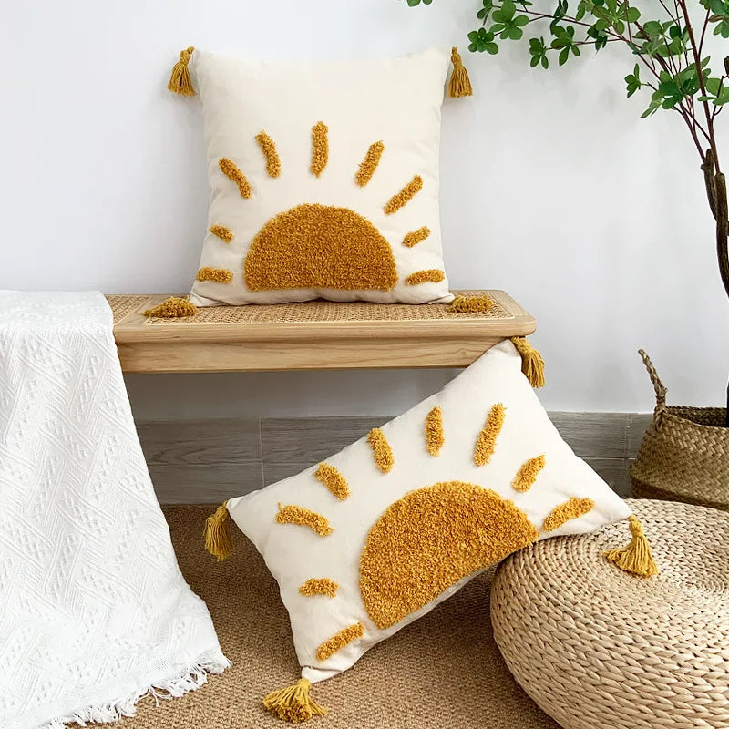 Afralia™ Sun Tufted Cotton Canvas Pillow Covers for Living Room Sofa Décor