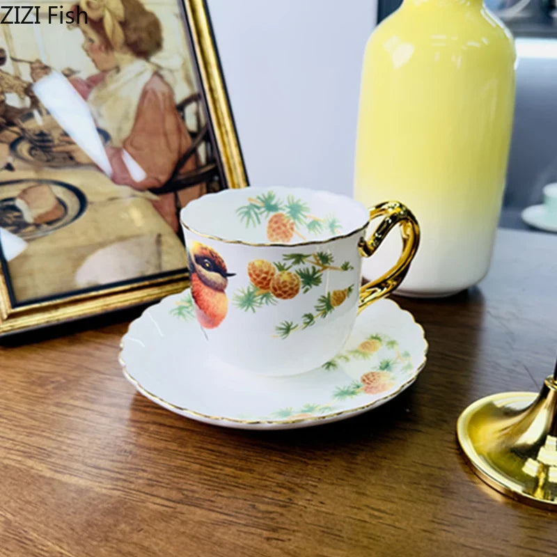 Afralia™ Bird Pattern Ceramic Gold-plated Coffee Mug & Saucer Set