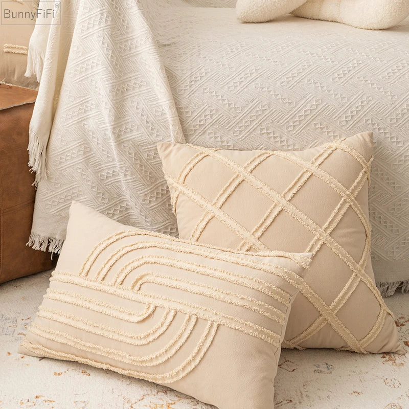 Afralia™ Tassel Accent Pillow Cover - Beige Cotton Linen for Home Sofa Living Room