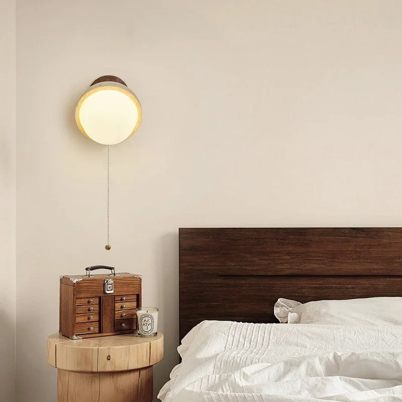 Afralia™ White Glass LED Wall Lamps Pull Chain Yellow Travertine Modern Bathroom Light