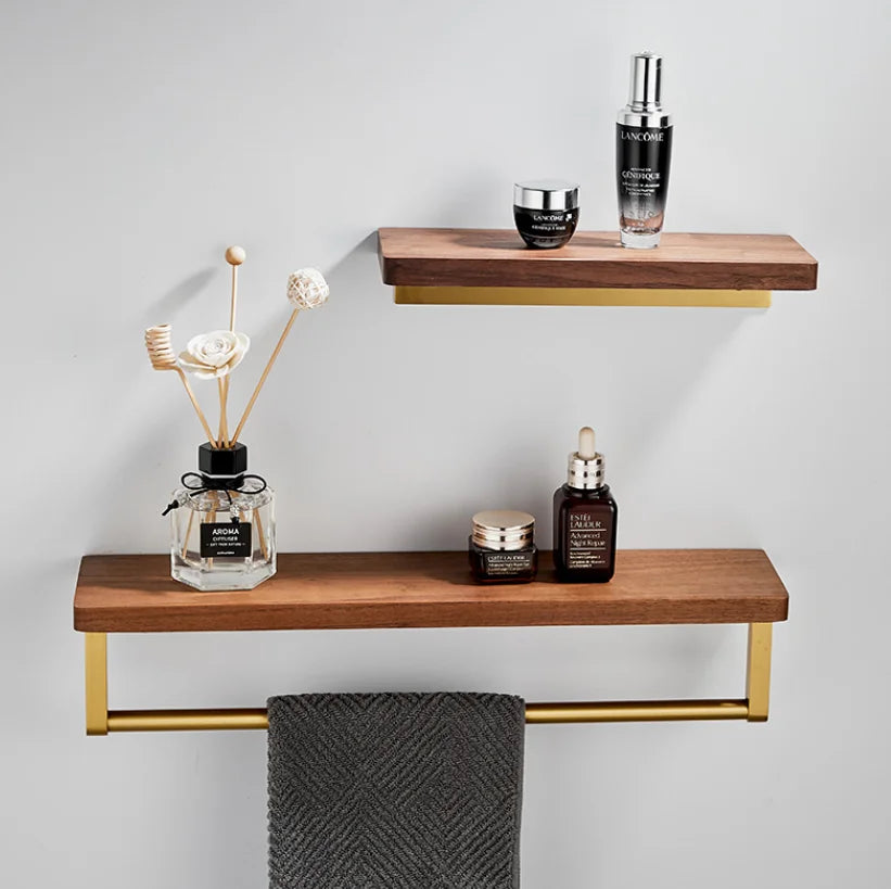 Afralia™ Wood Bathroom Wall Shelf with Towel Bar and Partition Storage Rack