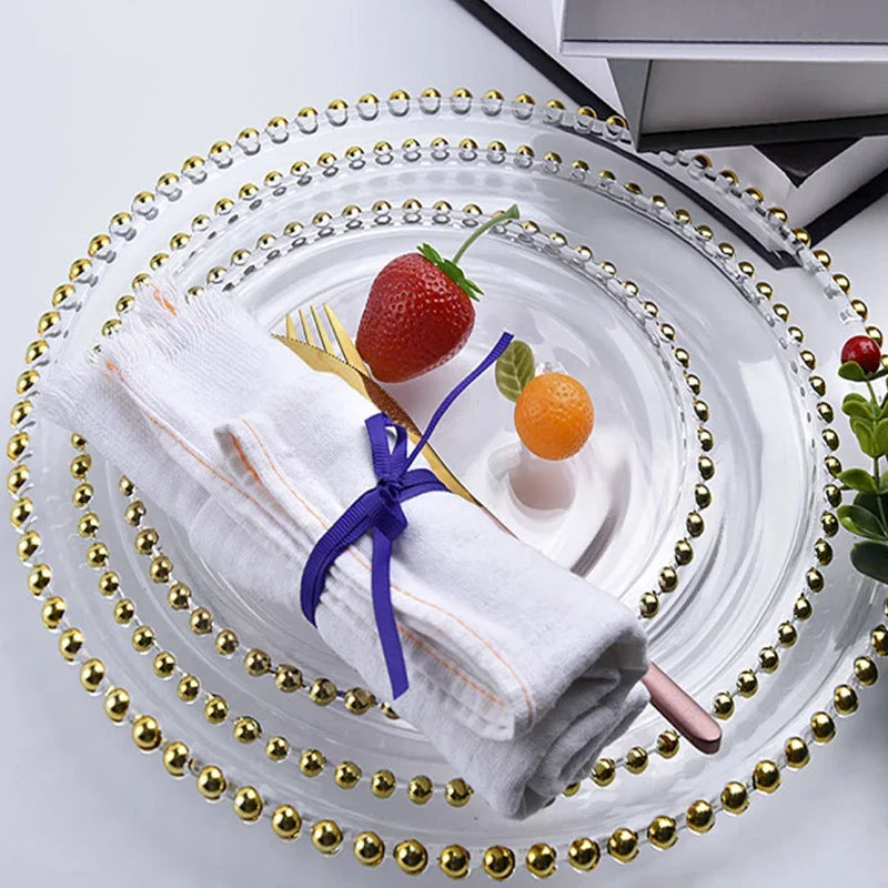 Afralia™ Gold Beads Glass Plate, Large Round Fruit Plate for Stylish Dining