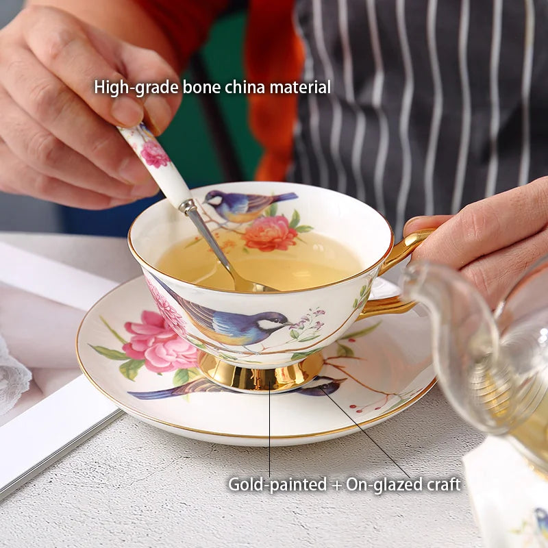 Afralia™ Floral Glass Teapot Set with Bone China Tea Cups and Strainer