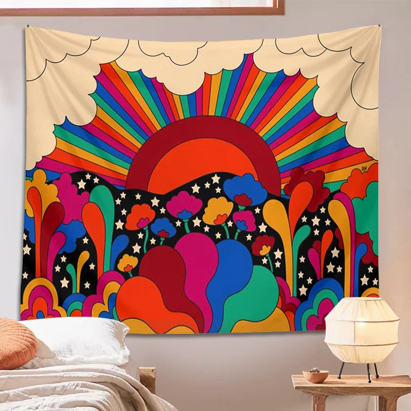 Afralia™ Retro Floral Sun Rainbow Tapestry Wall Hanging - Psychedelic Vintage Dorm Decor