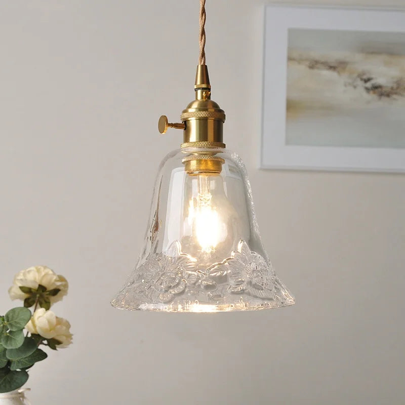 Afralia™ Flower Glass LED Pendant Lamp Brass Knob Switch Adjustable Wire Dining Room Lighting