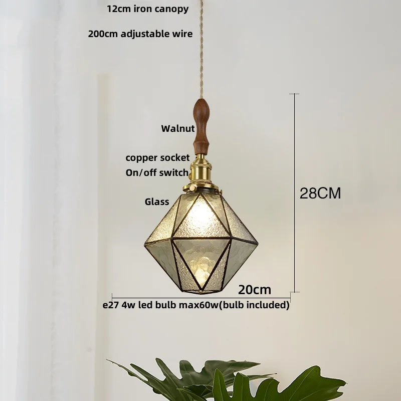 Afralia™ Brass Vintage LED Pendant Light Fixture Walnut Wood Glass Dining Room Lights