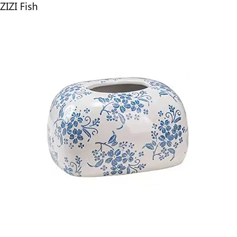 Blue and White Porcelain Tissue Box by Afralia™: Ceramic Desk Decor & Paper Towel Case