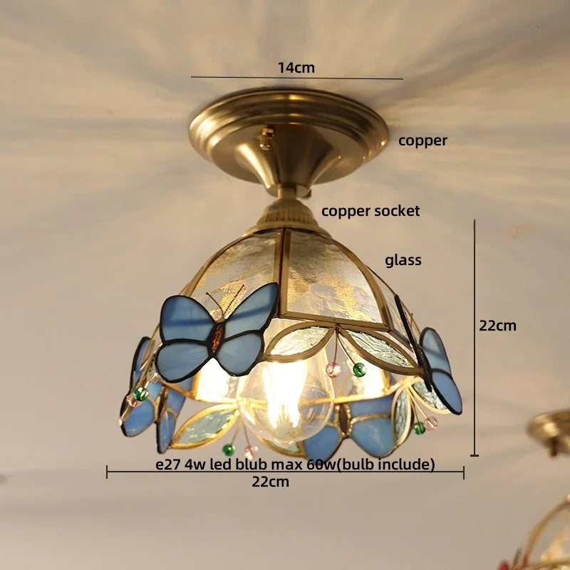 Afralia™ Butterfly Glass Tiffany LED Ceiling Light - Nordic Modern Copper Lamp