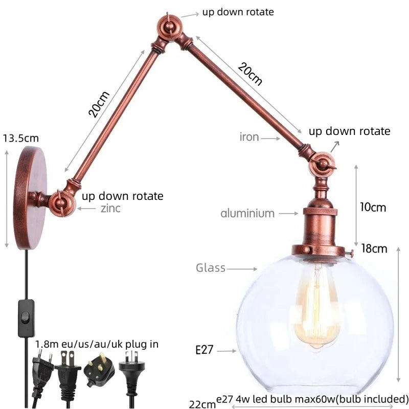 Afralia™ Vintage Loft LED Wall Light: Retro Industrial Glass Lamp for Living Room