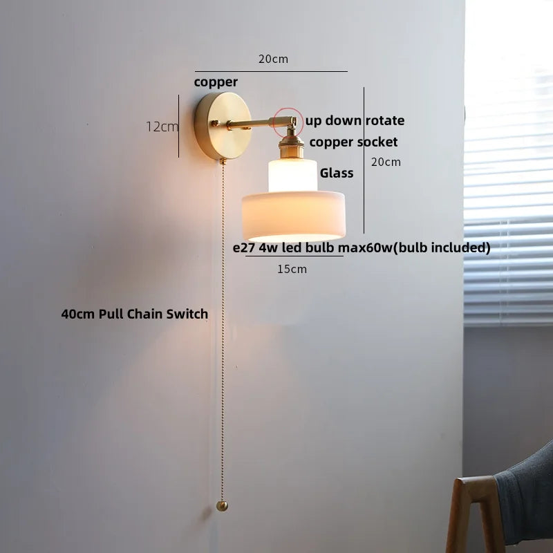 Afralia™ White Glass LED Wall Sconce Pull Chain Switch Stair Light