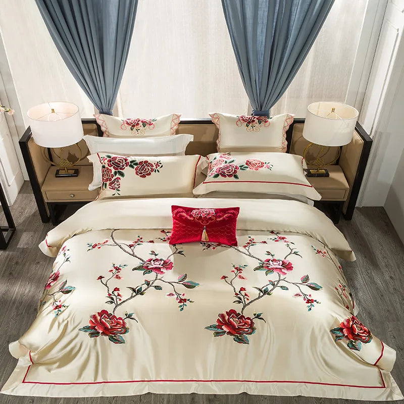 Afralia™ 200S Embroidery Egyptian Cotton Bedding Set - Queen King Linens
