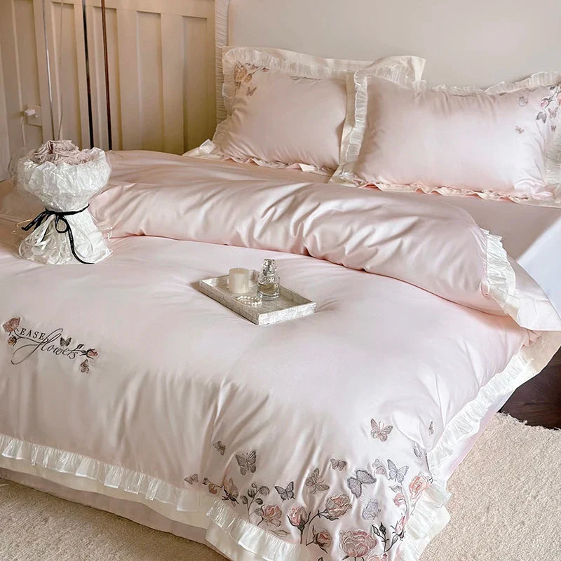 Afralia™ Pink Butterfly Flowers Embroidered Lace Bedding Set - 1000TC Egyptian Cotton