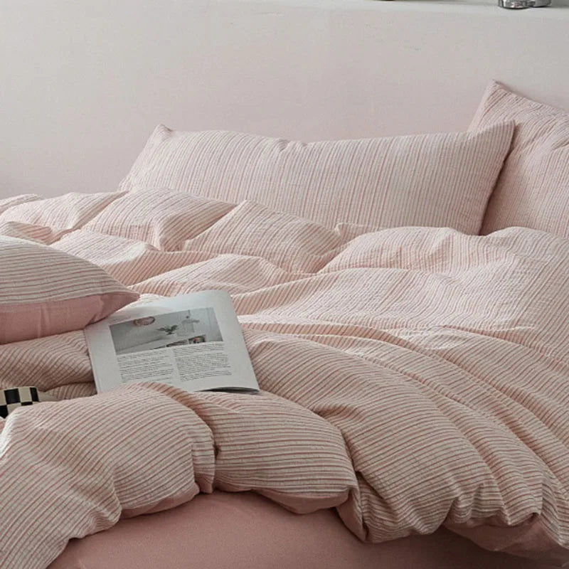 Afralia™ Striped Jacquard Cotton Bedding Set: Duvet, Fitted Sheet, Pillowcase. King Queen Size