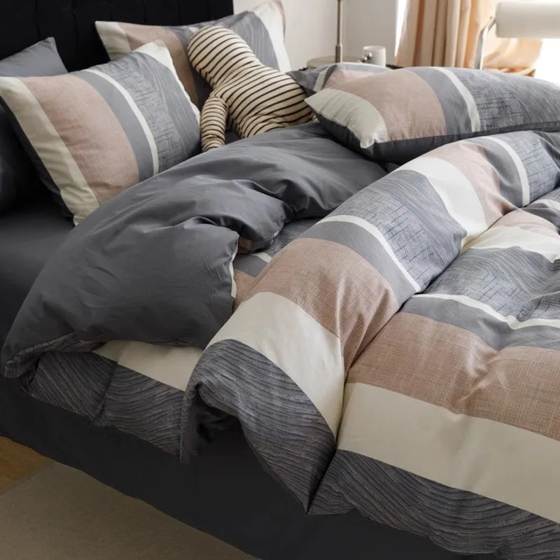 Afralia™ Pure Cotton Striped Bedding Set Duvet Cover Fitted Sheet Kit for Single/Double