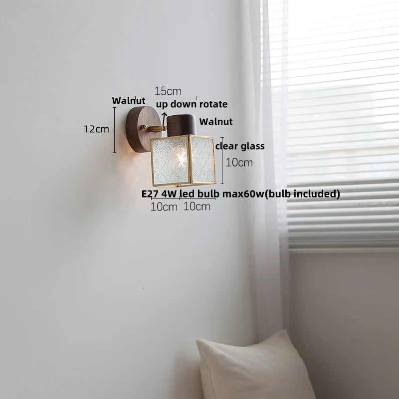 Afralia™ Modern Walnut Wood LED Wall Light Fixture Glass Bedroom Living Room Sconce