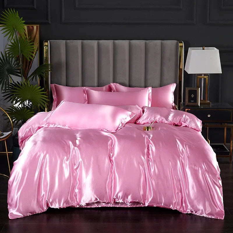 Afralia™ Nordic Faux Silk Solid Color Bedding Sets for Queen/King Bed Home Décor