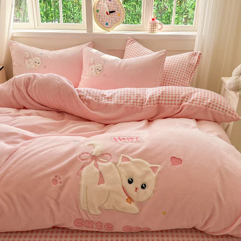 Afralia™ Pink Cat Embroidery Child Bedding Set, Single - King Sizes