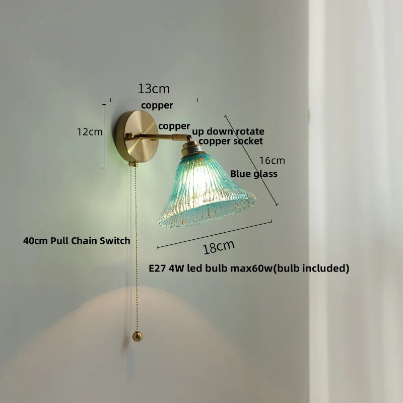Afralia™ Blue Glass Wall Sconce Pull Chain Switch Modern Stair Light