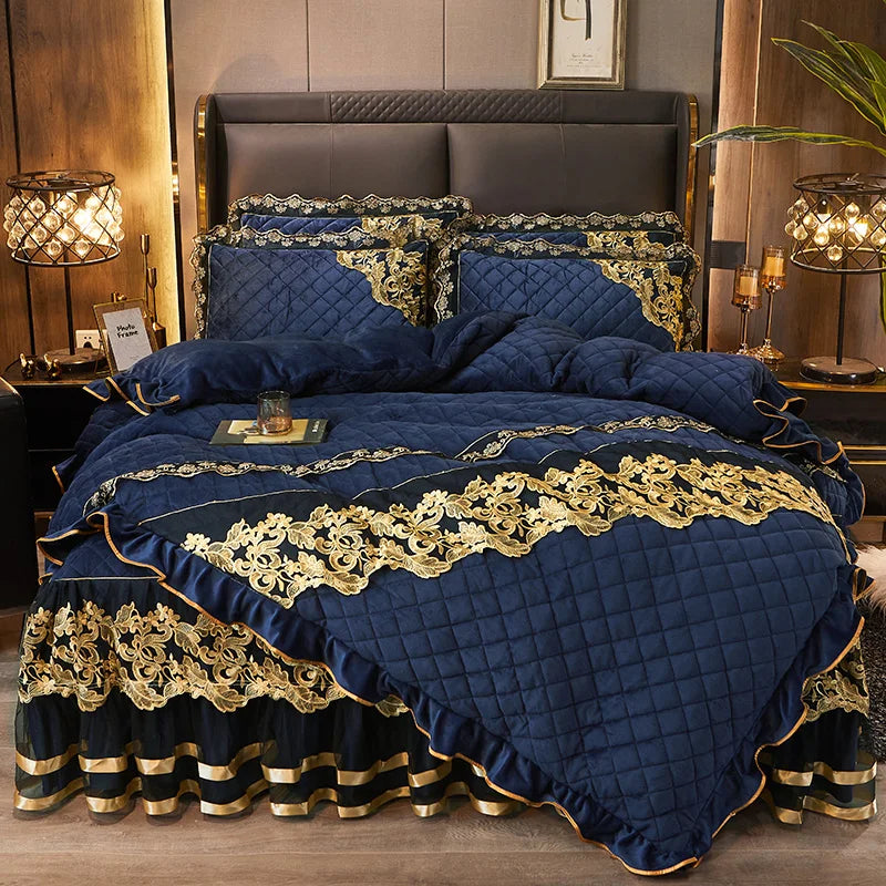 Afralia™ Black Gold Luxury Crystal Velvet Bedding Set with Quilted Embroidery & Ruffles