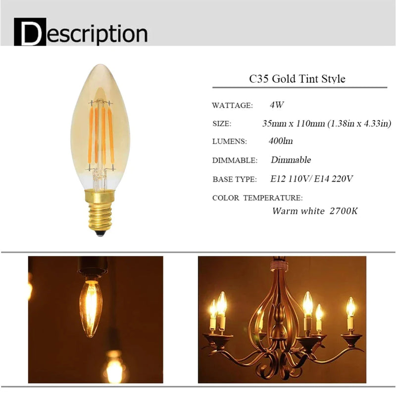 Afralia™ Retro LED Filament Bulbs Dimmable C35 4W Warm White 2200K Amber Glass Candle Lamp