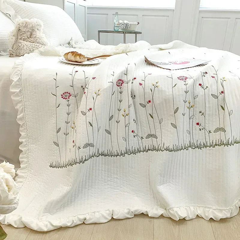 Afralia™ Fresh Flower Embroidered Summer Quilt Set - Lightweight Ruffled Comforter