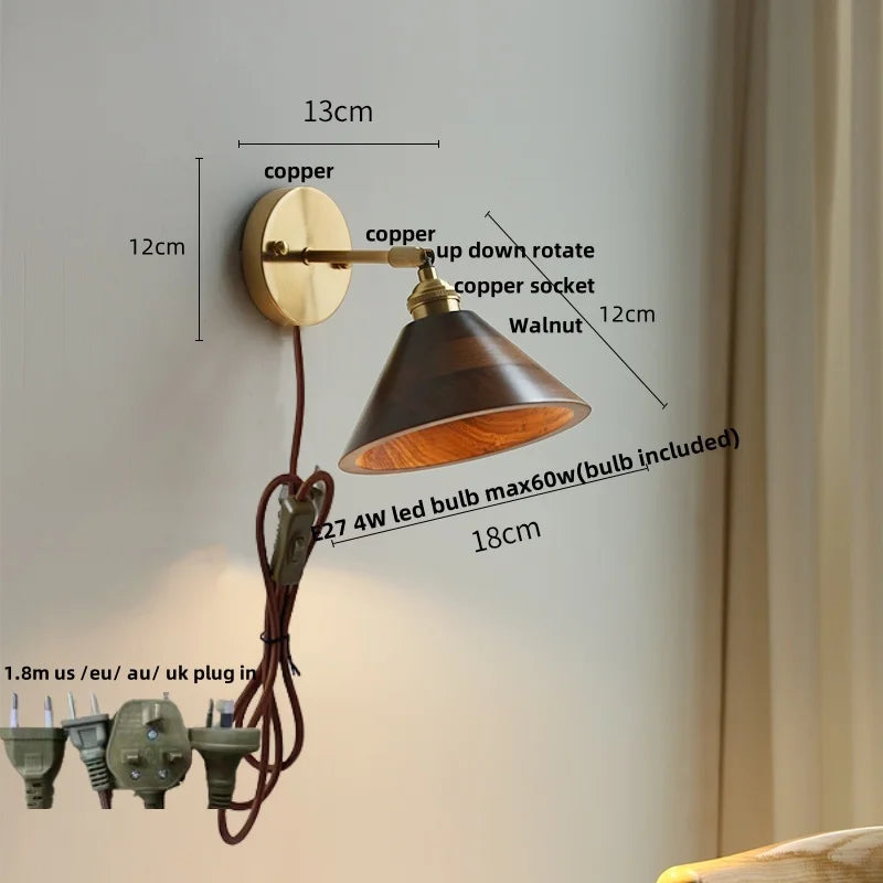 Afralia™ Nordic Walnut Wood Copper Up Down LED Wall Sconce Bedside Lamp