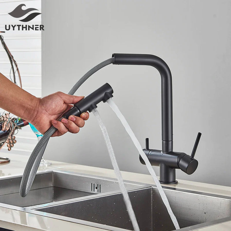 Afralia™ Waterfilter Kitchen Faucet Mixer Tap with Dual Handles and Pull Out Spout