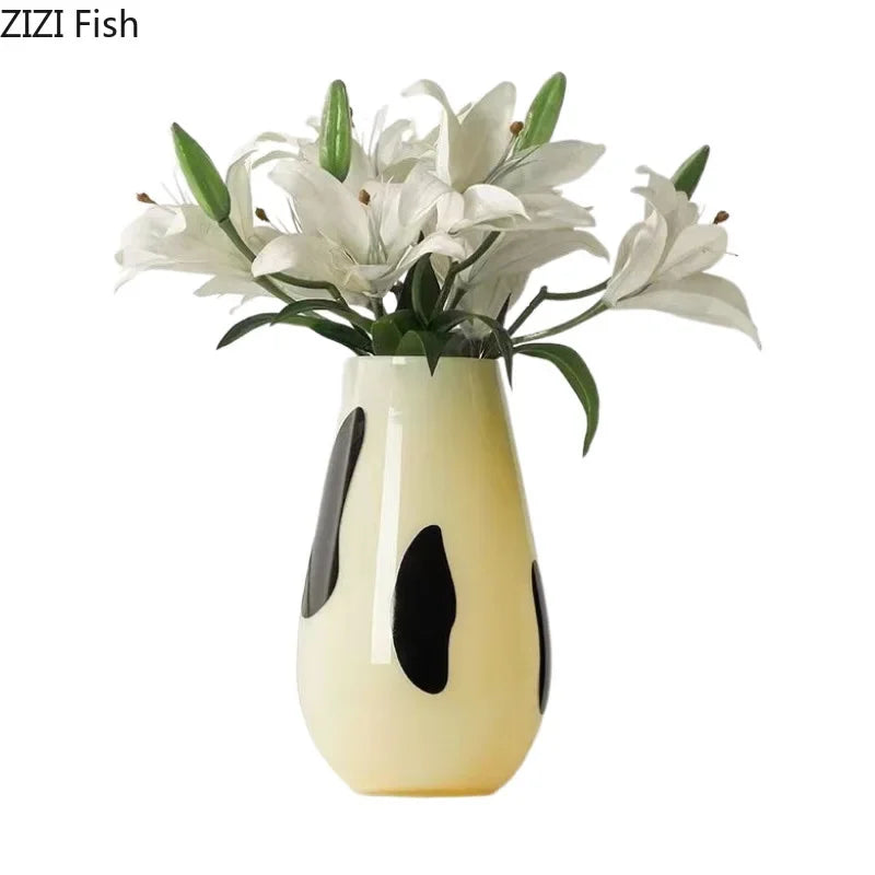 Afralia™ Black Stripes Glass Vase Desk Decoration Artificial Flowers Pots Aesthetic Room Decor