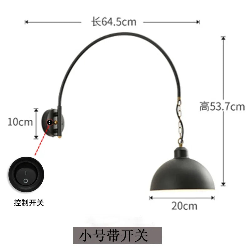 Afralia™ Rotatable Black Wall Lamp LED E27 Swing Arm Long Pole Industrial Design