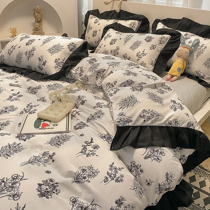 Afralia™ Princess Style Ruffles Duvet Cover Set with Flower Print and Pillow Case
