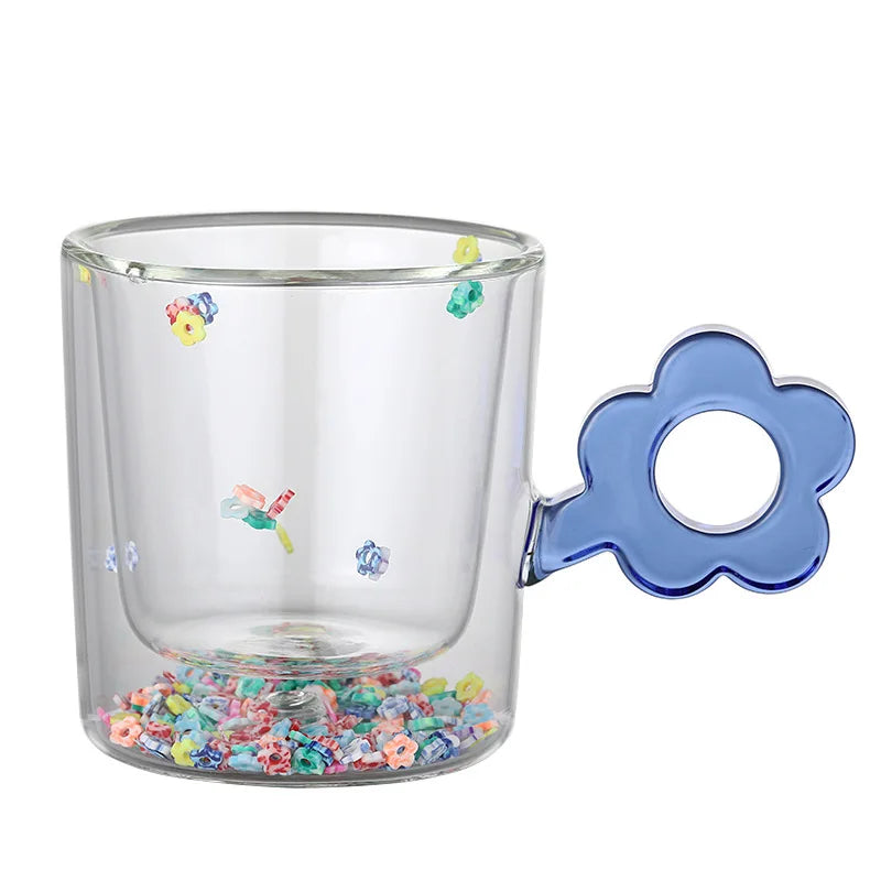 Afralia™ 250ml Double Wall Glass Mug with Glitter Flowers and Flower Handle