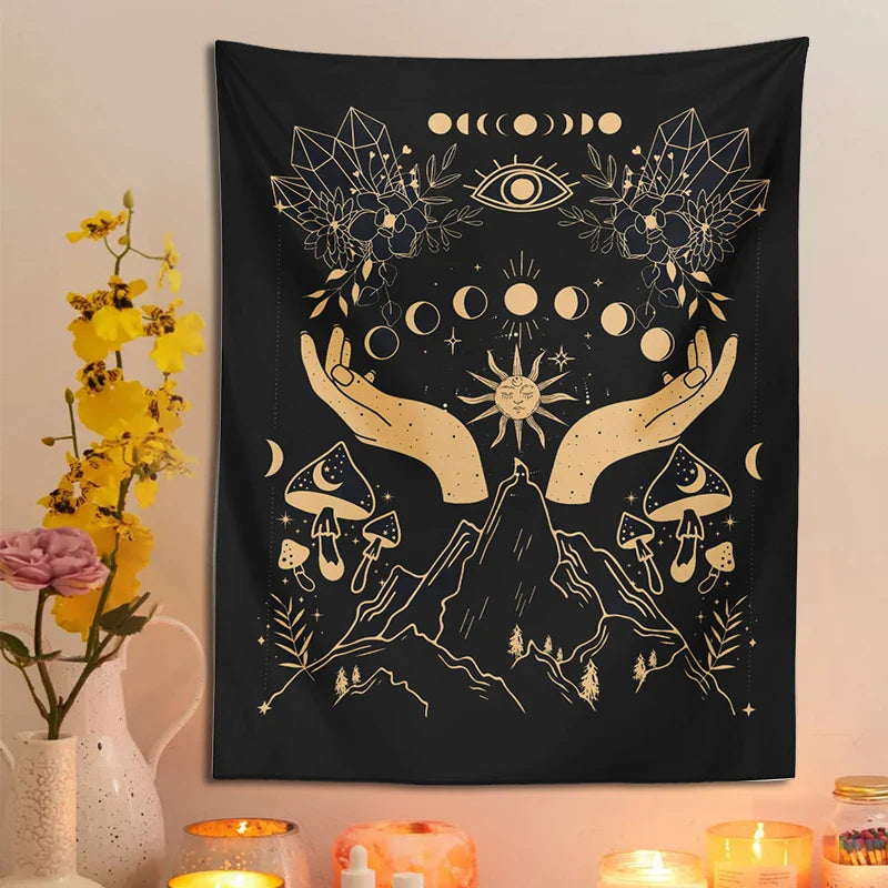 Moon Phase Magic Mushrooms Tapestry Wall Hanging by Afralia™ - Hippie Witchcraft Home Decor