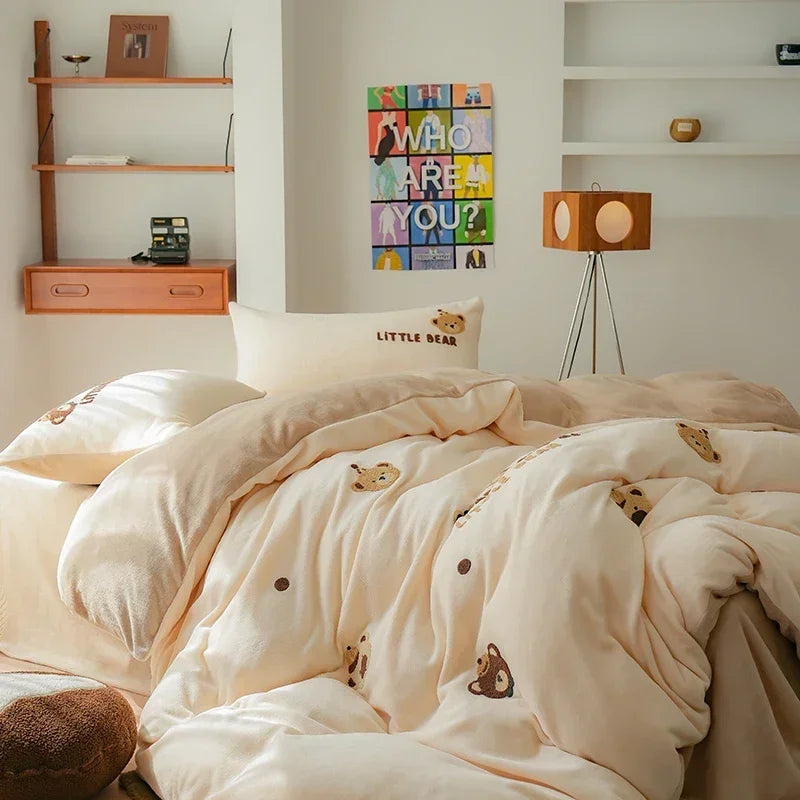 Afralia™ Embroidered Fleece Winter Bedding Set: Duvet Cover, Sheet, Quilt, Pillowcases