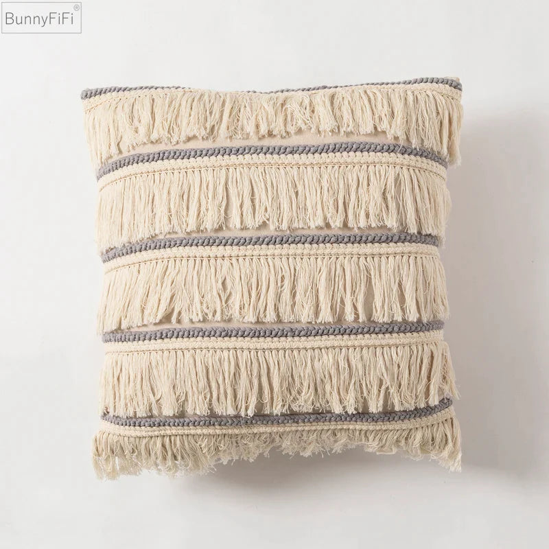 Afralia™ Embroidered Tassel Cushion Cover | Beige Grey | Cotton Linen | Home Decor