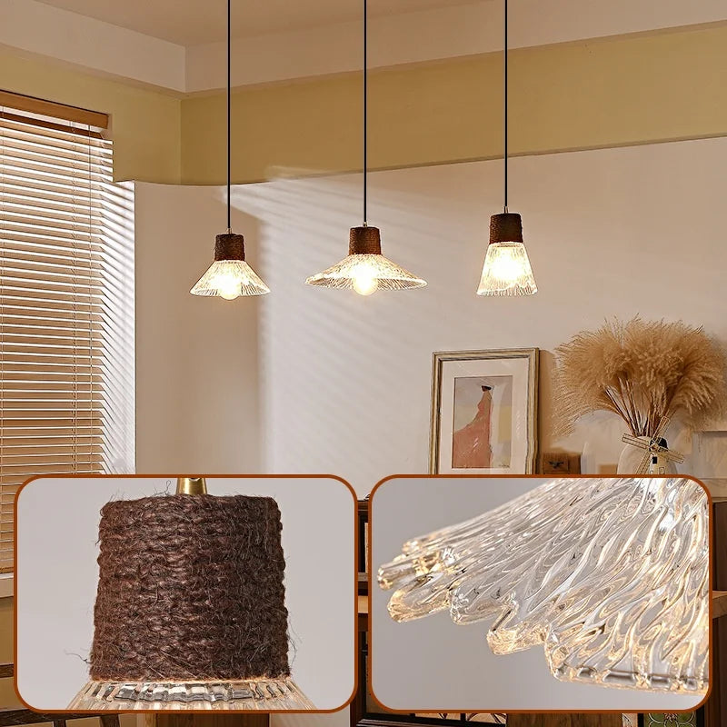 Afralia™ Clear Glass LED Pendant Light - Hemp Rope Chandelier for Home Decor
