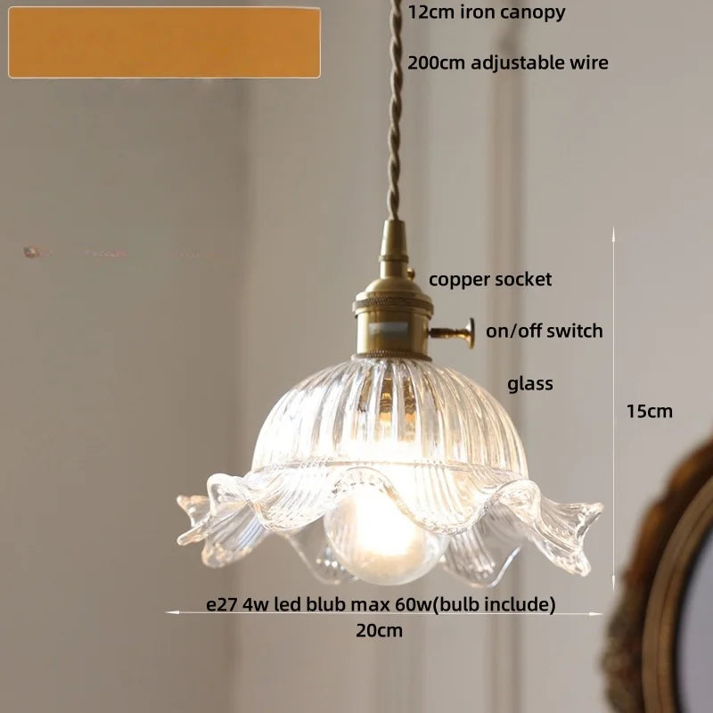 Afralia™ Vintage Green Glass Flower Knob Switch LED Pendant Lights, Copper Hanging Lamp