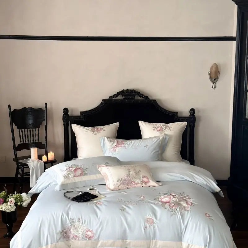 Afralia™ 4-Pc Flowers Embroidery Bedding Set 1000TC Egyptian Cotton Duvet Cover Sheets