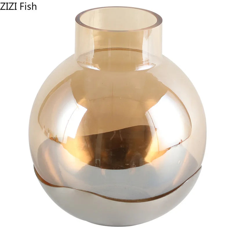 Afralia™ Amber Glass Vase Desk Decoration Round Floral Room Decor