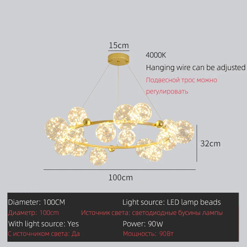 Afralia™ LED Glass Bulb Pendant Light: Modern Round Design, Gold/Black, Gypsophila String