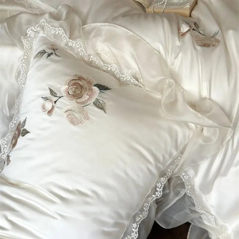 Afralia™ Rose Flowers Embroidery Lace Ruffles Wedding Bedding Set, 1000TC Egyptian Cotton